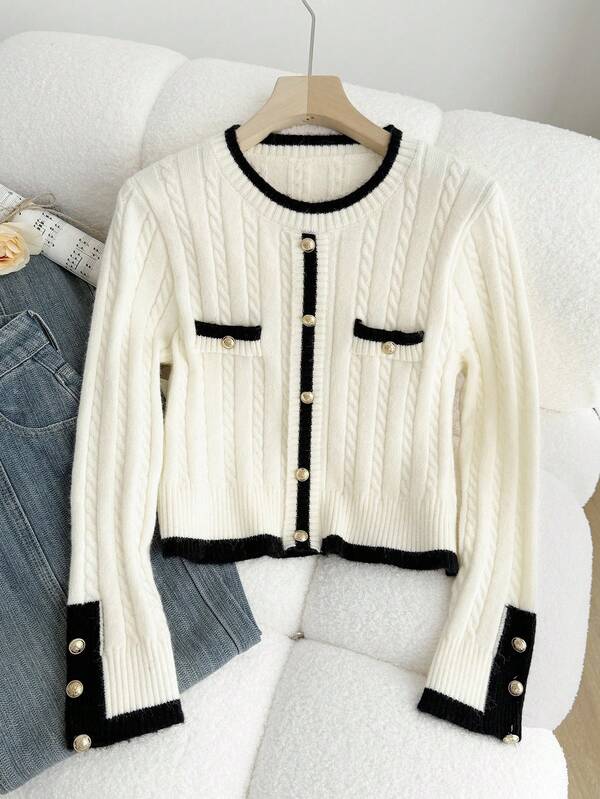 SHEIN Teen Girls' Casual Color Block Rivet Button Hem Cropped Sweater, Relaxed & Elegant, Autumn/Winter Fall
