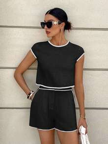 Siren Gaze Women's Summer Solid Color Contrast Trim Shorts Set, Linen Ladies 2 Pieces Outfit Black Black