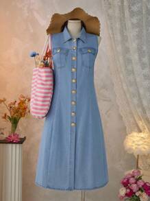SHEIN MOD 大码休闲磨边前扣无袖牛仔连衣裙 - 淺色水洗藍 - 查看 3