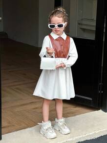 Elladie kids Đầm ngắn tay dài cổ bẻ vai thường ngày, cạp cao, chất liệu PU, phối họa tiết nơ, thích hợp cho bé gái đi học mùa thu. - Cà phê - Xem 6