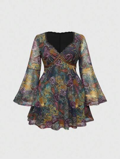 Boho Women's Vintage Hippie Western Fringe Hem Paisley Print Flare Sleeve Dress