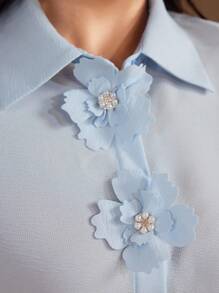 Veilorie 女式花卉装饰落肩长袖单排扣优雅衬衫 - 藍色 - 查看 8