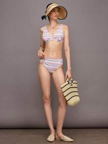 Activina Women's Wave Striped Ring Connected Sports Bikini Set For Vaction