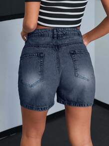 EURMUSE WOMEN HIGH WAIST MINI SHORT LIGHT BLUE WASH CASUAL STREET WEAR - Dark Wash - View 2
