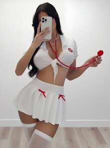 Fantasy Costume Bộ trang phục cosplay y tá 5 món, gồm áo, quần lọt khe, váy xếp ly, 2 đôi tất - trắng - Xem 6