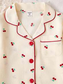 两件套可爱甜美樱桃印花长袖开衫和长裤，休闲舒适少女家居服樱桃睡衣套装，秋冬款 - 杏色 - 查看 6