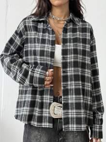 Coolane 女士夏季街头服饰外出复古基本款图案格子舒适超大长袖 T 恤 - 彩色 - 查看 6