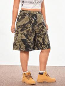 SHEIN ICON 大码女式高腰阔腿多口袋树枝图案牛仔短裤 - 彩色 - 查看 5