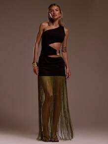 MUSERA One Shoulder Waist Cut Out Detail Fringe Hem Maxi Dress Ibiza Fits Holiday Vacation Sexy Beach Romantic Elegant Occasion Birthday Boho Rafia Fall Summer Outfit - Black - View 1