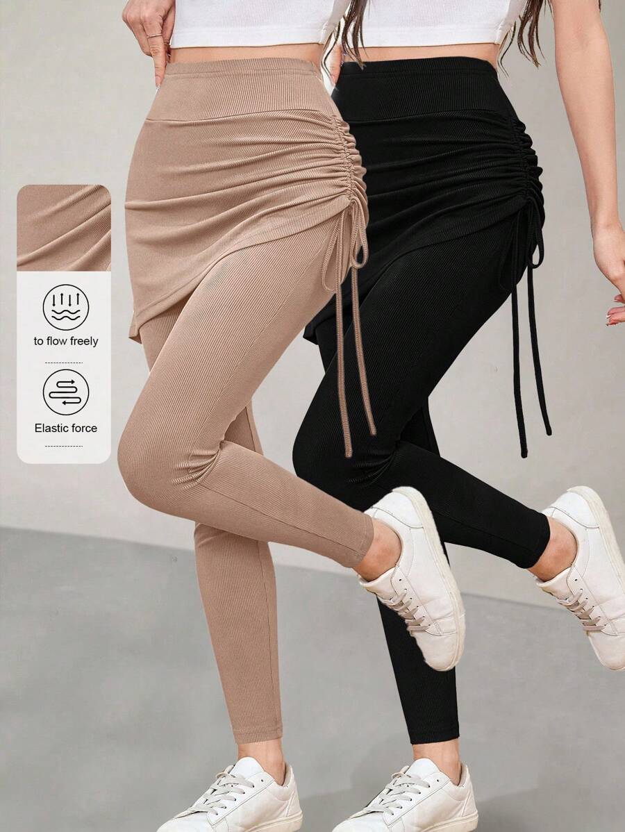 Modelyn 大码女式不对称侧抽绳紧身裤 - 彩色 - 查看 1