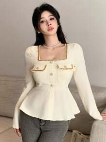 DAZY 秋季修身荷叶边撞色丝带水钻优雅方领长袖女衬衫，适合婚礼和派对，秋季女装 - 米色 - 查看 6