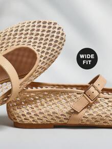 SHUZIA Giày búp bê Mary Jane bằng sợi raffia dáng rộng thoải mái dành cho nữ, thích hợp cho Giáng sinh và Ngày Valentine. - Màu be - Xem 5