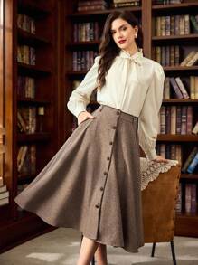 Vintamour 复古经典优雅女式半身裙，春夏修身撞色饰边纽扣开合口袋 A 字裙，咖啡色 - 咖啡棕 - 查看 7