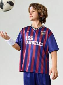 JNSQ 返校青少年男孩户外运动宽松 T 恤和短裤套装，儿童 V 领趣味字母印花超大针织 T 恤和短裤套装，秋季 - 彩色 - 查看 3