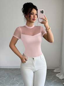 Elenzga Women's 2025 Summer Solid Color Versatile Mesh Patchwork Round Neck Short Sleeve T-Shirt