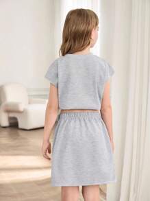 Set de 2 piezas de top sin mangas con rhinestones + falda con cintura anudada con rhinestones para niñas preadolescentes, conjunto de estilo casual de calle - Gris - Ver 2