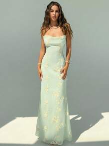 Aloruh 全新复古绿色花卉提花刺绣浪漫度假修身连衣裙，适合海滩度假，淡绿色茶长连衣裙 - 綠色 - 查看 5