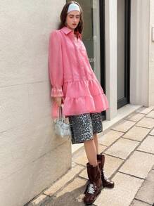 Chiquease 2-in-1 Hemd/Langarmkleid, vorne plissiert, Hemdkragen, bestickter Ärmel Manschetten Dekor, einfarbiges Bürokleid - Heißes Pink - Übersicht 3