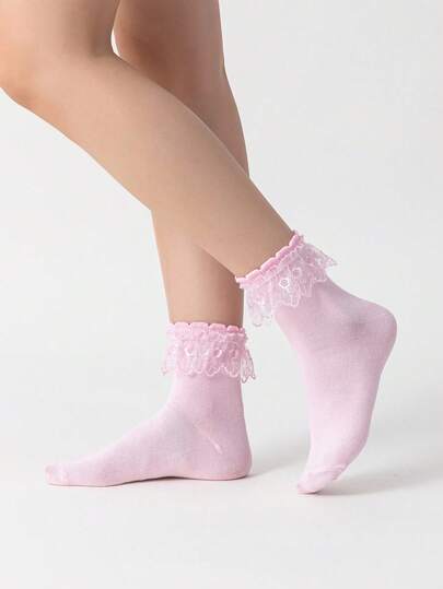 Goth Women's Solid Color Cute Ruffle Trim Ankle Socks