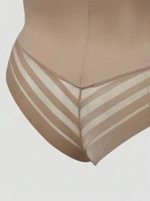 SHAPORA Plus Size Women's Minimalist Solid Color High Neck Patchwork Sheer Striped Shapewear Bottom - Khaki - View 7