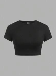 SHEIN BASICS 4 Stücke/Set lässige einfarbige gestrickte Kurzarm Crop Damen T-Shirts mit Rundhalsausschnitt