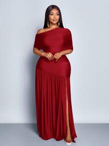 SOLERSUN Christmas Spring And Summer Plus Size Women's Sexy Party Casual Vacation Brown Shiny Fabric One Shoulder Gathered Off-Shoulder Collar Front Slit Ruffle Knitted Long Skirt - Burgundy - View 6
