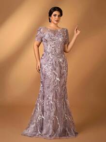 Serin Plus Size Elegant And Gorgeous Lotus Pink Round Neck Short Sleeves Sequin Embroidery Luxury Drilling Beading Craftsmanship Slim Fishtail Hem Suitable For Dinner Bachelorette Party Date Holiday Dance Wedding Event Bride Mother Dress Formal Dresses For Wedding Guest