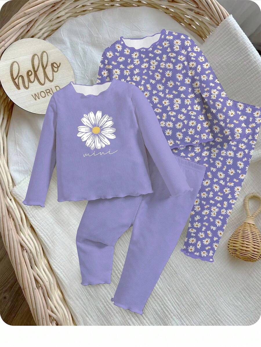 SHEIN 4 piezas/set de camiseta de manga larga con estampado floral para recién nacidos, estilo casual y minimalista, adecuado para el verano - Multicolor - Ver 1