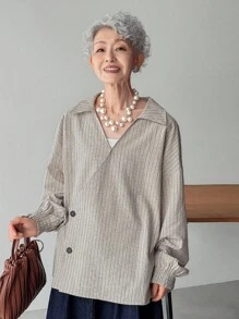 FRIFUL Women's Striped Fabric Oblique Collar Button Cuff Gathered Workmanship Loose Casual Versatile Regular Jacket, Autumn