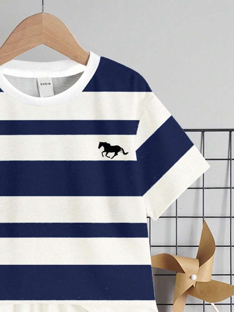 2pcs/Set Young Boy Casual Minimalist Round Neck Short Sleeve T-Shirt And Shorts, Suitable For Summer Toddler Boy Summer Clothes Boy Stripe Outfit Little Boys Clothes Short Sleeve Kids Clothes Boys Summer Outfit Set Boys Summer Outfit - Multicolor - View 4