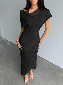 Aloruh Women's Spring & Summer Commute Everyday Draped Collar Ruched Design Dress,Wedding Guest Dress,Elegant Dresses For Women,Fall Wedding Guest Dress - Black - View 6