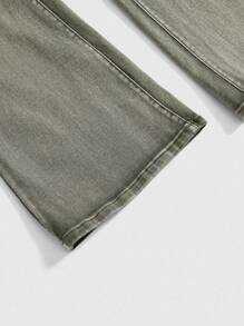 ROMWE Grunge Punk 朋克时尚复古图案刺绣修身喇叭牛仔裤，荒原绿 - 綠色 - 查看 4