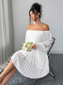 Elenzga 大码女式褶皱露肩宽松直筒连衣裙，休闲简约优雅，适合日常穿着，浪漫度假