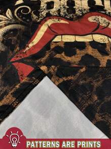 EMERY ROSE Casual Minimalist Full Print Leopard Pattern & Red Lip Asymmetrical Collar Plus Size T-Shirt, Spring And Autumn - Multicolor - View 3