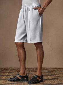 AKNOTIC 男士白色针织休闲宽松松紧腰直筒短裤，适合夏季度假日常搭配聚会情侣男士礼物 - 淺灰色 - 查看 6