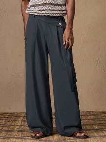 AKNOTIC 男士休闲宽松松紧腰阔腿裤纯色卡其色长裤适合夏季、度假、日常搭配、聚会、情侣、男士礼物、秋季 - 灰色 - 查看 4