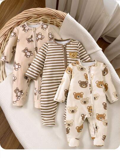 新生男婴3件装熊和条纹图案圆领长袖拉链前部柔软舒适连脚连体衣婴儿熊睡衣新生儿中性服装