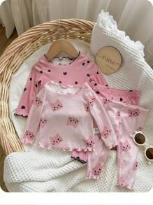 4pcs/Set Baby Girl Cute Heart & Kitty Pattern Ruffle Trim Crew Neck Long Sleeve Shirt And Pants Comfy Loungewear Set, For Christmas Print - Baby Pink - View 1