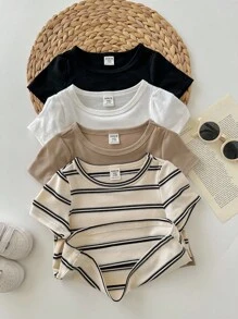 4pcs/Set Cute Baby Boy & Baby Girl Casual Versatile Knit Stretchy Striped Long Sleeve Tops, Suitable For Indoor & Outdoor, Spring/Summer