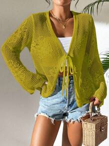 Breezaya Áo khoác cardigan dệt kim nhẹ tay chuông đơn sắc thường ngày cho nữ - màu xanh lá - Xem 3