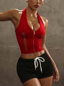 Easithlete 女士深V领露背红色拉链镂空运动背心 Slaydiva Curve Tops Curve Birthday outfits For Women Jennie-Inspired - 紅色 - 查看 1