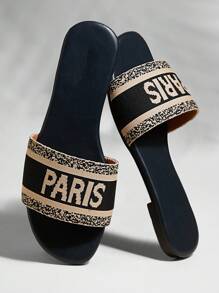 Denimoi 女士优雅巴黎刺绣平底凉鞋 - 藏蓝色 - 查看 3