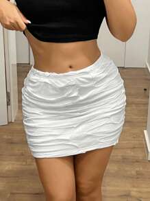 SHEIN ICON Sexy White Ruched Bodycon Mini Skirt - White - View 5