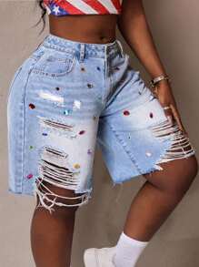 Slaydiva Plus Size Diamond Decoration Distressed Denim Shorts,Back To School - Medium Wash - View 2