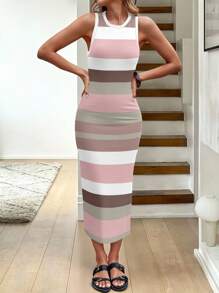 SHEIN LUNE Women's Round Neck Fitted Colorblock Striped Midi Dress, Suitable For Vacation Suitable For Going Out Chic Dress