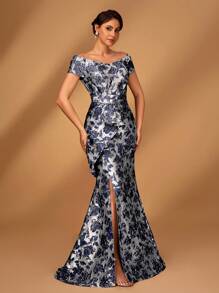 Serin Elegant Luxury Jacquard Off Shoulder Bowknot Slit Fishtail Dress, Suitable For Weddings, Events, Parties, Vacations, Prom, Mother Of The Bride Outfit - Navy Blue - View 4