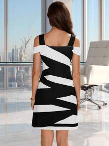 Editum Women's Geometric Pattern Off-Shoulder Short Sleeve A-Line Dress With Waistband - Black and White - View 2