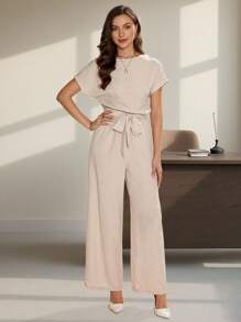 Editum Summer Elegant Women's Blue Cool Linen Pleated Fabric With Shoulder Sleeves And Tied Waist Short Sleeved Jumpsuit, Suitable For Various Occasions, Daily Travel, Outings, Etc - Khaki - View 5