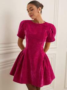 BELROSIE Tulip Design Princess Style Short Sleeve Round Neck Hem Spliced A-Line Mini Dress For Women - Hot Pink - View 4