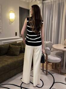 Pariaura 休闲拼色条纹修身针织背心，夏季 - 黑與白 - 查看 2